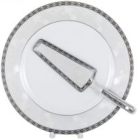 Миниатюра: Набор д/торта фарфор 2пр. тарелка 255мм + лопатка, декор серебро+золото