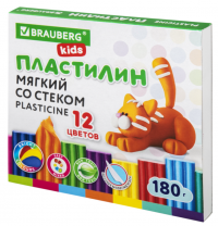Миниатюра: Пластилин мягкий восковой BRAUBERG KIDS, 12 цветов, 180 г, со стеком